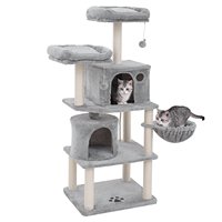 Arbre à chat gris clair avec un grand hamac, condo pour chat et grattoir, bois durable, papier sisal et fourrure, maisons pour chat