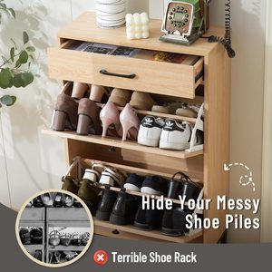 Rattan Shoe Cabinet <strong>Storage</strong> with <strong>Drawers</strong> and 2 Doors Natural Wooden Entryway <strong>Storage</strong> Cabinet <strong>Slim</strong> - Product Image 5