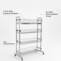 Étagère de présentation à quatre niveaux en fil chromé, support de rangement en fer chromé avec roulettes pivotantes pour magasin de détail