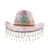 Chapeau de cowboy bohème occidental en gros, imprimé serpent violet, fleurs, perles, strass, franges, pour festival de musique, chapeaux de fête personnalisés pour femmes