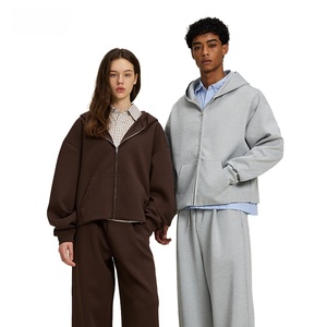 Vêtements pour hommes |   Sweat à capuche court zippé pour homme, coupe carrée, automne et hiver, sweat à capuche tricoté en tissu air-layer de haute qualité - Product Image 3
