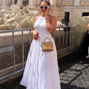 Robe midi blanche élégante pour <span class=keywords><strong>femme</strong></span>, cintrée à la taille, style africain, nouvelle collection, grande jupe évasée - Product Image 1