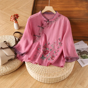 Traditional Chinese Cotton Linen Embroidery Shirt Women's Three Quarter Sleeve Retro Pullover Top Rose Pink White Apricot Dark - Product Image 3