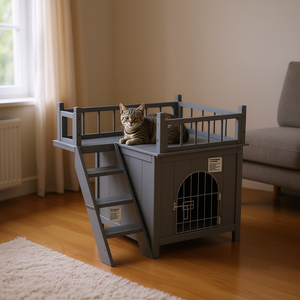 Casa para Gatos de Madera Gris de 2 Niveles con Puerta de Alambre con Cerradura, Mueble para Mascotas para Gatos de Interior de Raza Pequeña, Estilo Clásico - Product Image 2