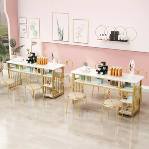 <span class=keywords><strong>Table</strong></span> de <span class=keywords><strong>manucure</strong></span> avec plateau en marbre et cadre en métal doré, tiroirs de rangement, nettoyage facile, collecteur de poussière, mobilier de salon commercial - Product Image 1