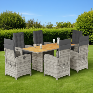 Conjunto de Comedor de Jardín de Ratán Gris para 6 Personas, Mesa de Teca Resistente a la Intemperie, Muebles de Exterior de Estilo Contemporáneo - Product Image 2