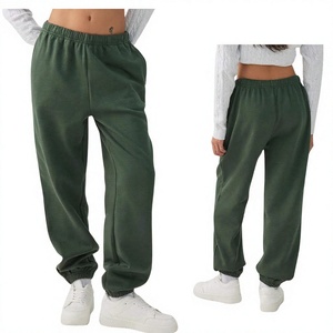 Pantalon de jogging décontracté pour femme, vert foncé, taille haute, coupe ample, longueur intégrale, avec cordon de serrage élastique et poches - Product Image 1