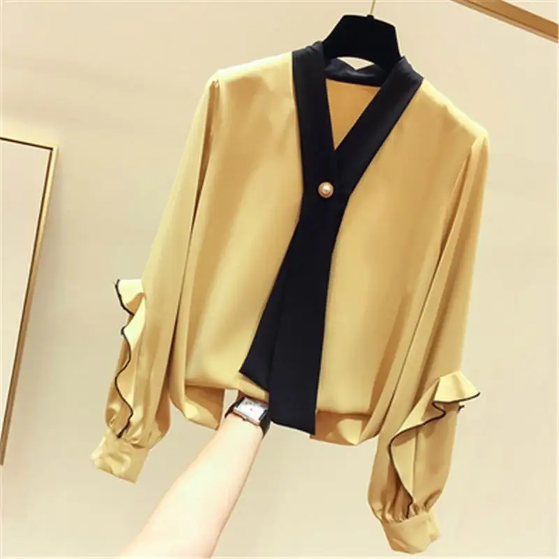 2021 New Fashion Women Lady schlanke Match farbe V-Ausschnitt Krawatte Langarm Pullover Krawatte Chiffon Spring Tops Freizeit hemd