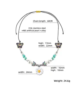 Artisanat loup Hiphop bijoux à la mode breloque personnalisée perle barre en acier inoxydable marguerite tournesol papillon cale collier