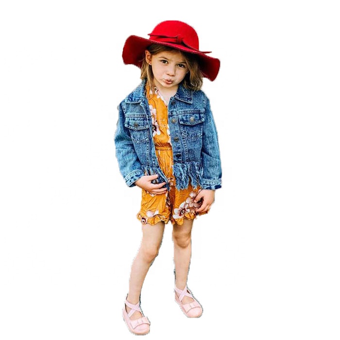 2021 New Arrival Children Long Sleeve Turn-down Collar Acid Washed Fringe Kids Denim Jackets
