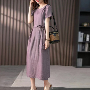 Women's Short Sleeve Cotton Linen Dress Purple O <b>Neck</b> Loose Fit Wrap <b>Tie</b> Casual Daily Wear - Product Image 3
