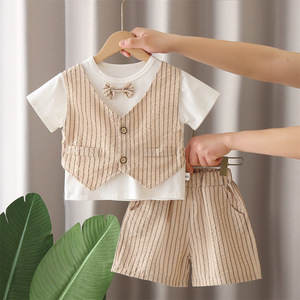 Nouvelle collection été 2025 : Ensemble deux pièces en coton rayé pour garçon, style coréen, avec <span class=keywords><strong>gilet</strong></span> à nœud papillon et manches courtes - Product Image 5
