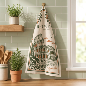 Paño de Cocina de Algodón Premium |   Toalla de Cocina Estampada con Diseño de Ramas de Olivo del Coliseo de Roma, Italia |   Viajes a Italia y Decoración del Hogar - Product Image 2