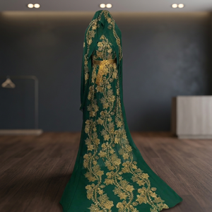 <b>Emerald</b> Green Embroidered Organza Ball Gown Chapel Train Halter Neck Full Sleeve Floral Print Prom Evening <b>Dress</b> Empire Waist - Product Image 2