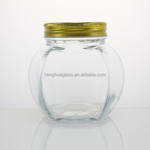 Hotselling hình lục giác mật ong thực phẩm lưu trữ container lọ hình dạng độc đáo 330ml 350ml 680ml lọ thủy tinh với vàng nắp kim loại - Product Image 3