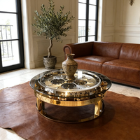 Table basse de luxe moderne en forme de montre dorée, plateau rond en verre fibre de verre, bureau central design pour salon