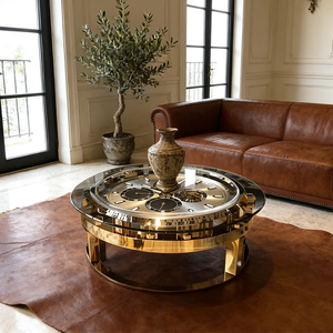 Mesa de Centro Moderna de Lujo con Forma de Reloj de Oro, Tapa Redonda de Vidrio y Fibra de Vidrio, Diseño de Escritorio para Sala de Estar - Product Image 5