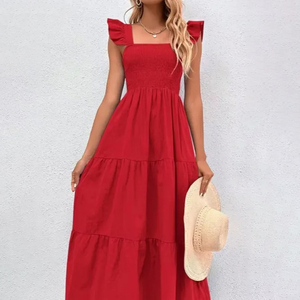 Vestido de Verano Maxi de Moda, Fabricación Personalizada de Alta Calidad, Vestido Casual Elegante de Algodón Rojo para Mujer - Product Image 3