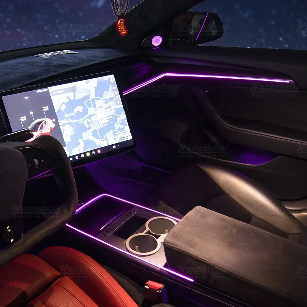 Hansshow, модель 3/Y, светодиодная лазерная резьба, окружающее освещение для 2021 + Tesla, освещение для внутренней атмосферы автомобиля с панелью управления