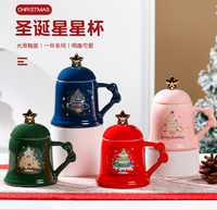 Mug en céramique de Noël simple de 400 ml avec couvercle et cuillère, cadeau de Noël créatif pour le bureau, pour filles