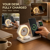 Support de charge sans fil 15W avec lampe, horloge, veilleuse et indicateur LED, design pliable pour téléphones portables, écouteurs et montres connectées
