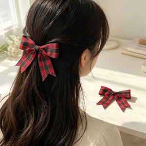 Christmas red plaid <b>bow</b> hair <b>clip</b>, sweet and cute girly New Year hair accessory. - Product Image 2