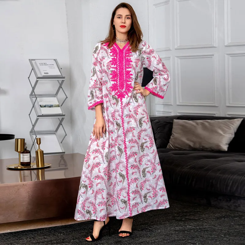Full Cotton Floral Arabic Dress for Women Chic Ribbon Embroidered Middle East Muslim Abaya Loose Casual Moroccan Caftan