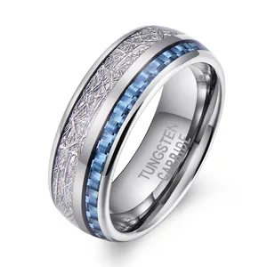 时尚珠宝戒指准备发货8毫米银碳化钨戒指男女碳纤维陨石镶嵌舒适贴合