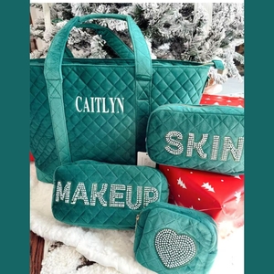 Green Silk Velvet Quilted Cosmetic <b>Bag</b> Hot Stamp Crystal Custom Makeup <b>Bag</b> Set 4 Sizes Solid Color <b>Toiletry</b> <b>Bag</b> <b>for</b> Travel Use - Product Image 3