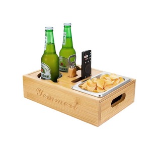 Wooden Desktop Storage Box With Bottle Holders And Snack Tray For <b>Beer</b> And Chips Organizing - Product Image 1
