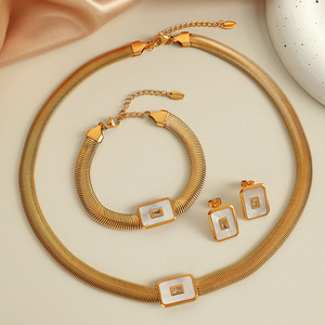 european american geometric square shell <b>titanium</b> steel bracelet turquoise necklace niche natural <b>black</b> shell earring set - Product Image 4