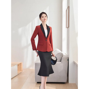 Red Long Sleeve Color Blocked Blazer Skirt Set Women's Formal Suit Commute Anti Wrinkle Worsted Fabric - Product Image 3