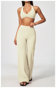 Ensemble décontracté 2 pièces pour femme : Haut court dos nu sans manches et pantalon large taille haute rayé bleu marine en maille respirante pleine longueur - Product Image 2