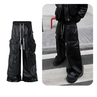 Celana Kerja Unisex Oversize Bergaya Streetwear Amerika, Lapisan Metalik Gelap, Model Wide-Leg, High Hip Hop, Bahan Akrilik PU, Banyak Kantong