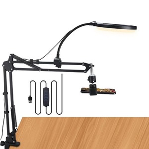 Soporte de teléfono tipo cantilever para escritorio, telescópico, ajustable en altura, para transmisión en vivo, clases en línea, selfies, fotografía con luz de relleno - Product Image 1