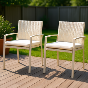 Conjunto de Sillas de Comedor para Exterior, Respaldo de Ratán Blanco Crema, Estructura de Aluminio, Muebles de Jardín y Patio, Estilo Contemporáneo - Product Image 2
