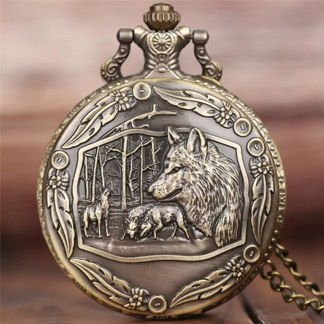 Wild Wolf Vintage Bronze Pocket Watch Men Women Animal Quartz 47mm Necklace Chain Gift