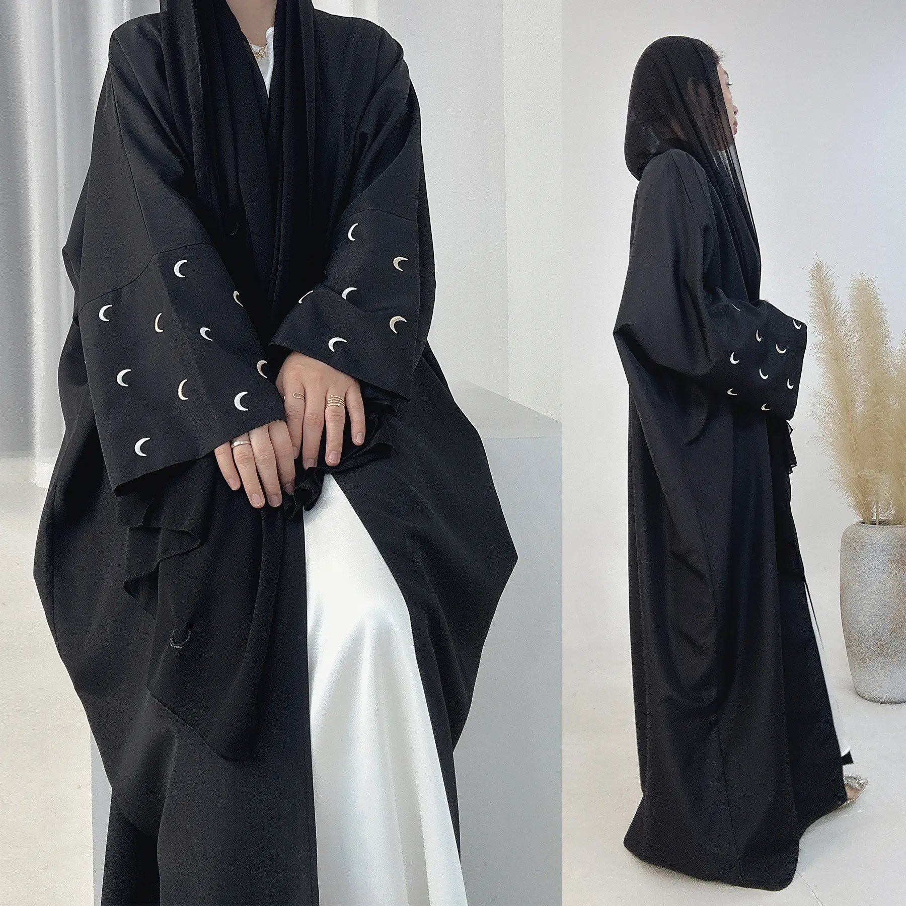 New Arrival Abaya Women Kimono Cardigan Muslim Women's Dresses Moon Embroidery EID Linen Abaya