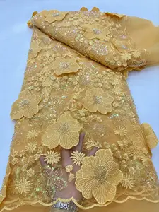 Оптовая цена 3D Цветы Тюль кружевная ткань с вышивкой роскошные французские бусины и жемчуг кружевная ткань для свадебного вечернего платья