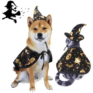 Factory hot sale halloween printed pet wizard cloak hats set for dogs and cats