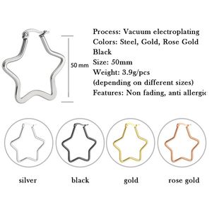 Boucles d'oreilles créoles plates en acier inoxydable avec étoile à cinq branches et grand rectangle géométrique creux pour femme - Product Image 2