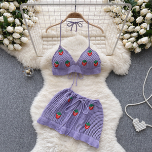 귀여운 니트 비치웨어 여성 투피스 브래지어와 스커트 세트 숙녀 수영복 섹시한 휴가 의상 - Product Image 3