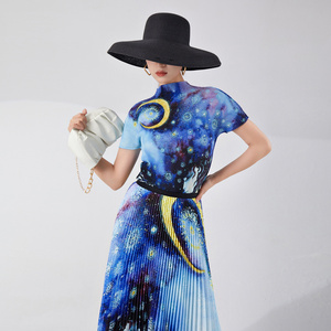 Maglietta plissettata Miyake da donna 2025 estate nuova maglietta a maniche corte cielo <span class=keywords><strong>stellato</strong></span> ampia gonna a drappo a due pezzi - Product Image 6