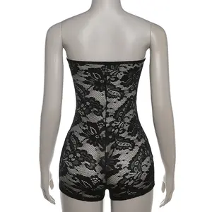 Lace Sexy Coquette Playsuits Women Solid Sleeveless Wrapped Chest See Through Slim Overalls Ladies Stunning Party Rompers