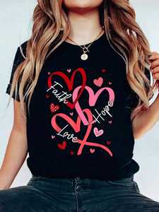 Camiseta informal de manga corta con cuello redondo para mujer, con estampado de fe cristiana, esperanza y corazón, para el Día de San Valentín, transpirable, 100% algodón. - Product Image 3