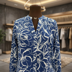 Blusa de Popelina 100% Algodón con Estampado Floral Vintage Azul para Mujer, Manga Tres Cuartos, Cuello en V, Botones, Formal, Primavera Verano, Corte Regular - Product Image 5