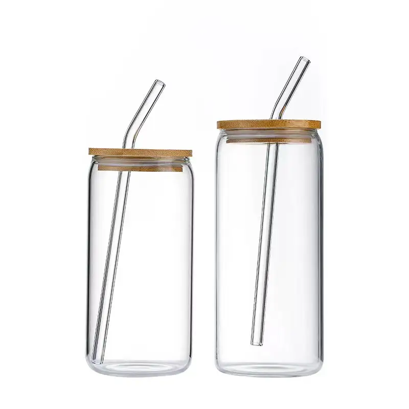 Pot en verre borosilicate à paroi simple de 16 oz 20 oz avec couvercle en bambou et tasse à paille tasse à café