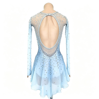 Robe de patinage artistique bleu clair, manches longues, dos découpé en maille, strass, costume de performance personnalisé pour enfants, adolescents et adultes, OEM