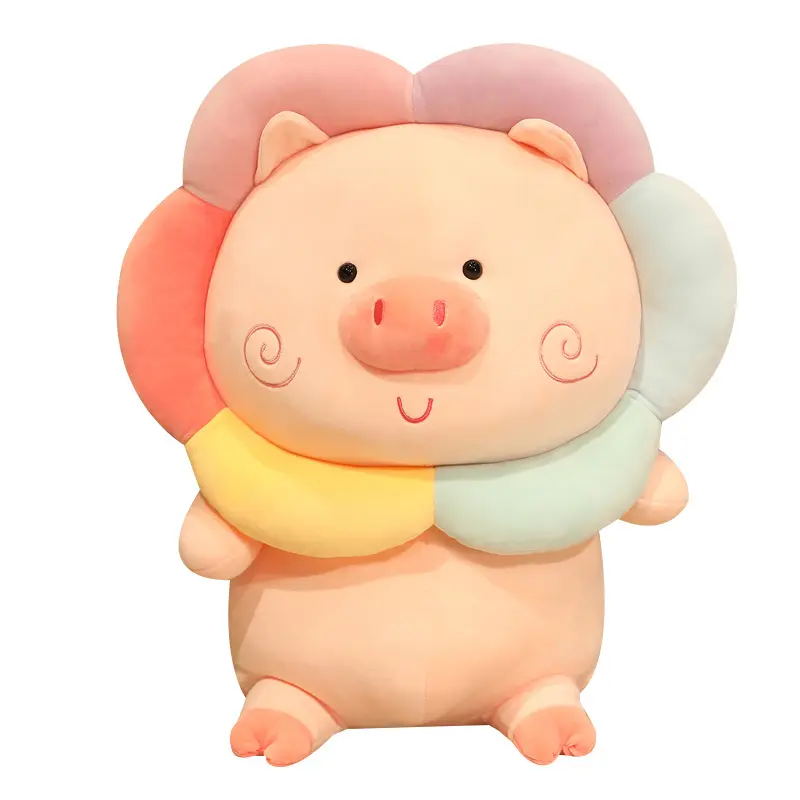 Design creativo simpatico cartone animato maiale peluche imbottito 50cm arcobaleno collo collo fiore bambola in morbido cotone con riempimento PP stile Anime