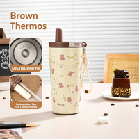 Tasse Thermos Portable en Acier Inoxydable à Motif Dessin Animé, Gobelet Isotherme Sous Vide pour Café, Tasse à Double Ouverture Portable pour Bureau et Enfants